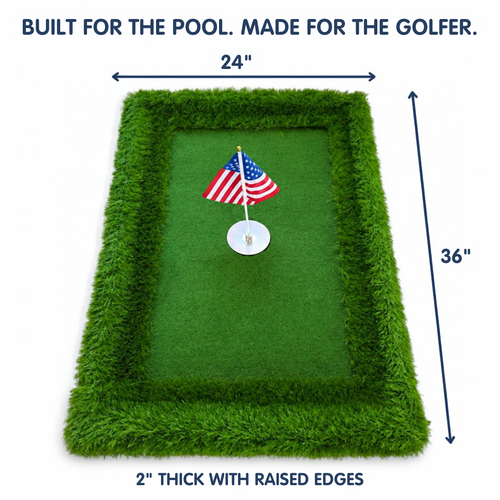 Float N Chip Pro Floating Golf Green showing 24 x 36 inch measurements with American Flag
