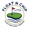 A circular logo for 'Float N Chip' featuring a golf green illustration with a red flag, a golf ball, and wavy water lines, with the text 'FLOAT N CHIP' at the top and 'FLOATING GOLF GREENS' at the bottom.